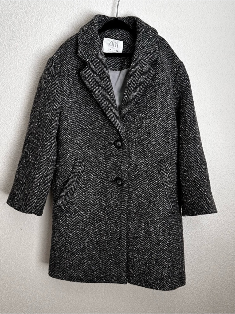 Zara Girls Black & White Herringbone Long Pea Coat